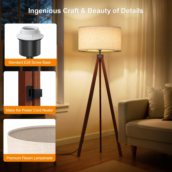 Wood Tripod Floor Lamp with Linen Shade