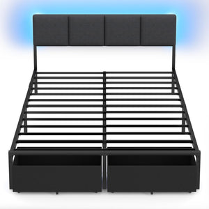 Queen Bed Frame with LED Lights, Storage Drawers & Charging Station