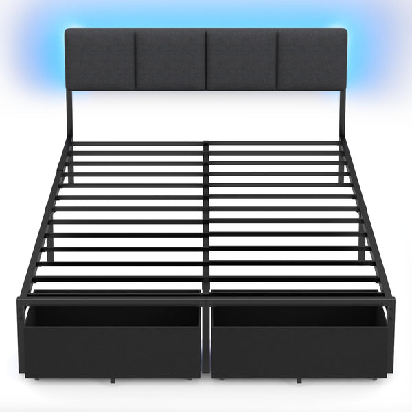 Queen Bed Frame with LED Lights, Storage Drawers & Charging Station