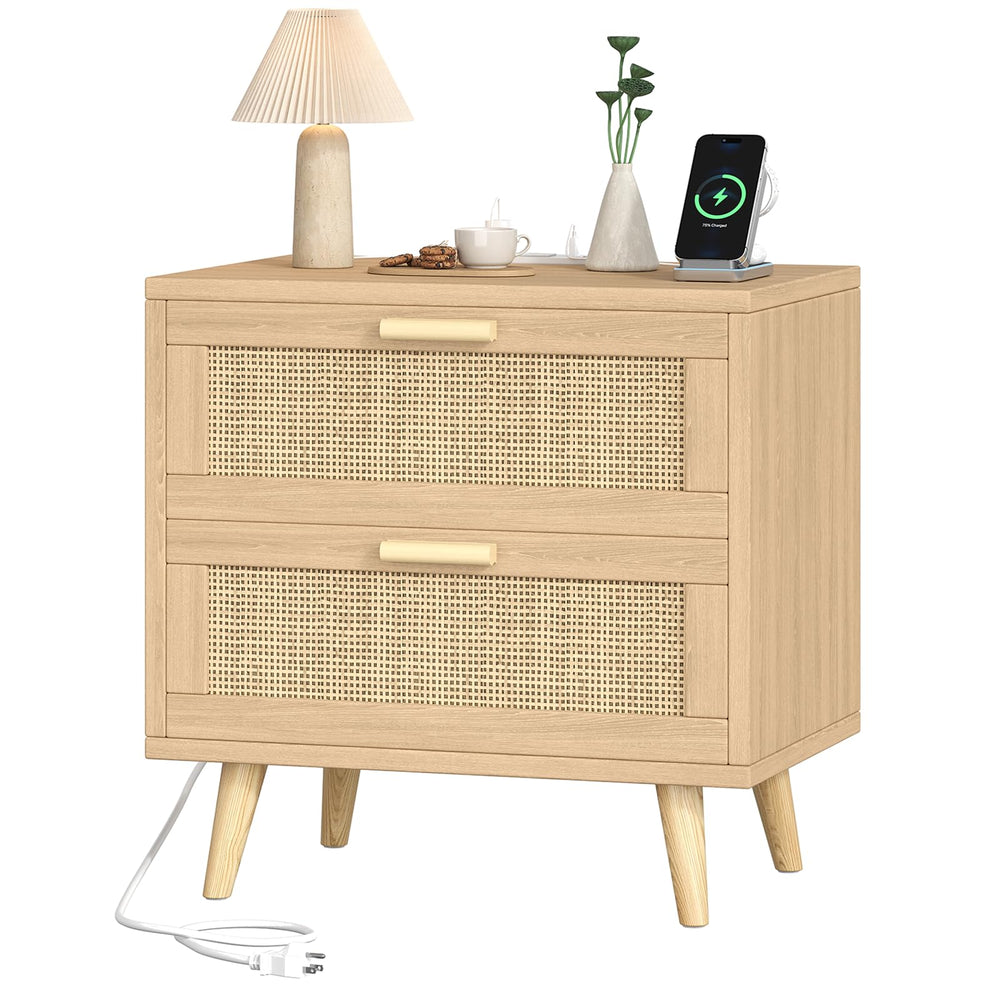 Rattan Nightstand with Charging Station & 2 Drawers