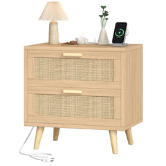 Rattan Nightstand with Charging Station & 2 Drawers