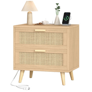 Rattan Nightstand with Charging Station & 2 Drawers