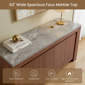 63" Marble Top Sideboard Buffet Cabinet with 4 Doors