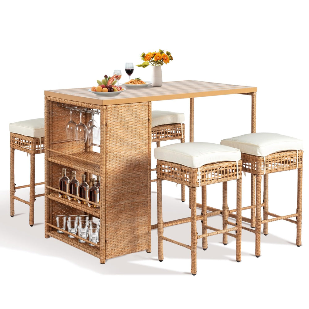 5-Piece Outdoor Wicker Bar Set with Storage