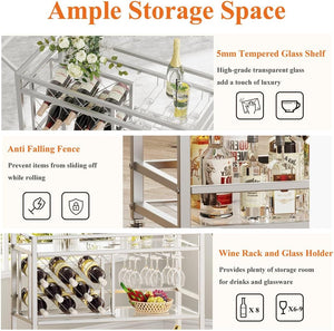FATORRI Bar Cart Silver, Bar Carts for The Home, Home Bar Serving Carts for Liquor, Rolling Wine Cart with 3 Tier Mirrored Shelves on Wheels for Alcohol and Beverage (Silver)