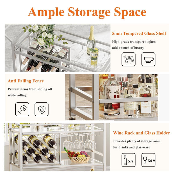 FATORRI Bar Cart Silver, Bar Carts for The Home, Home Bar Serving Carts for Liquor, Rolling Wine Cart with 3 Tier Mirrored Shelves on Wheels for Alcohol and Beverage (Silver)