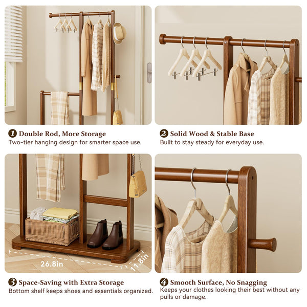 Double Rod Freestanding Coat Rack – Solid Wood, Bedroom & Entryway