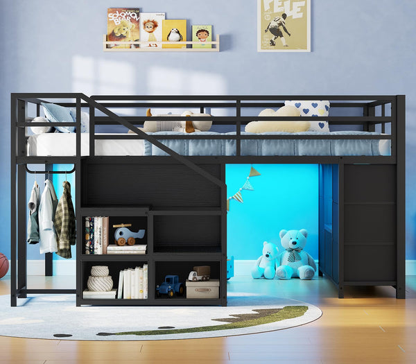 Kids Low Loft Bed Twin with Stairs, LED Lights & Storage