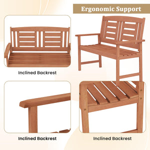 Outdoor 2-Person Wood Patio Bench with Armrests & Inclined Backrest