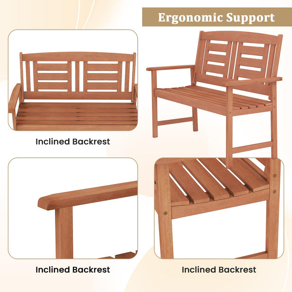 Outdoor 2-Person Wood Patio Bench with Armrests & Inclined Backrest