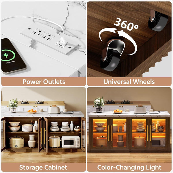 Rolling Kitchen Island with Storage & RGB Lighting