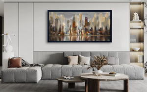 New York Cityscape Framed Canvas Wall Art – 29x58 Brown Abstract