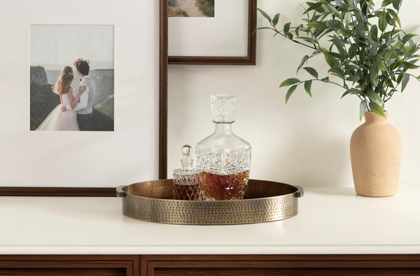 Oval Hammered Metal Decorative Serving Tray with Handles