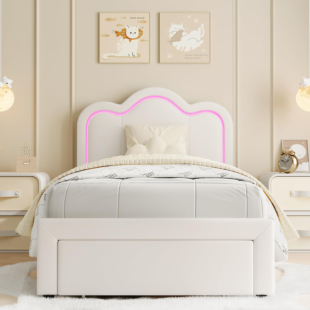 Twin Upholstered LED Bed Frame with Bear Headboard & Storage Drawer