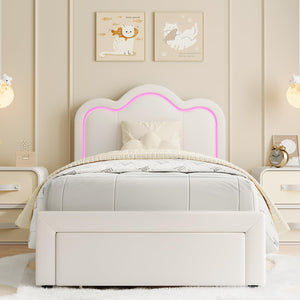 Twin Upholstered LED Bed Frame with Bear Headboard & Storage Drawer