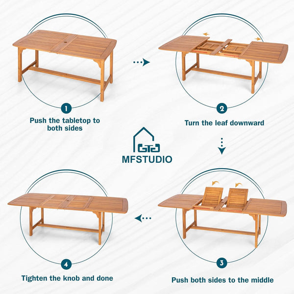 Expandable Acacia Wood Outdoor Dining Set with Cushioned Chairs