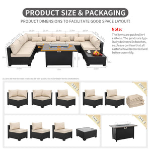 10-Piece Outdoor Wicker Patio Sectional Set with Fire Pit Table