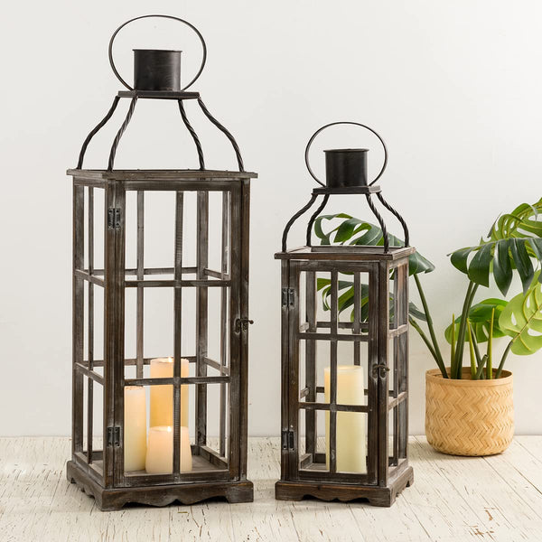 Farmhouse Wooden Candle Lanterns Set of 2 – Indoor & Outdoor Decorative Floor Lanterns