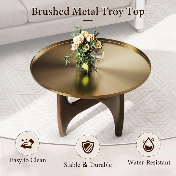Round Coffee Table with Metal Tray Top & Wood X-Base