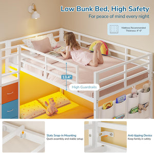 Twin Over Twin Low Bunk Bed with Storage Drawers and LED Lights