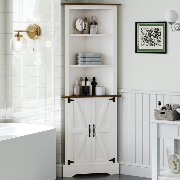 Farmhouse Corner Cabinet with Barn Doors, 68" Tall, 5-Tier Adjustable Shelves