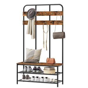 Industrial Hall Tree with Bench, 12 Hooks & Shoe Storage – 39.4"L x 14"W x 71.7"H