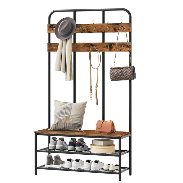 Industrial Hall Tree with Bench, 12 Hooks & Shoe Storage – 39.4"L x 14"W x 71.7"H