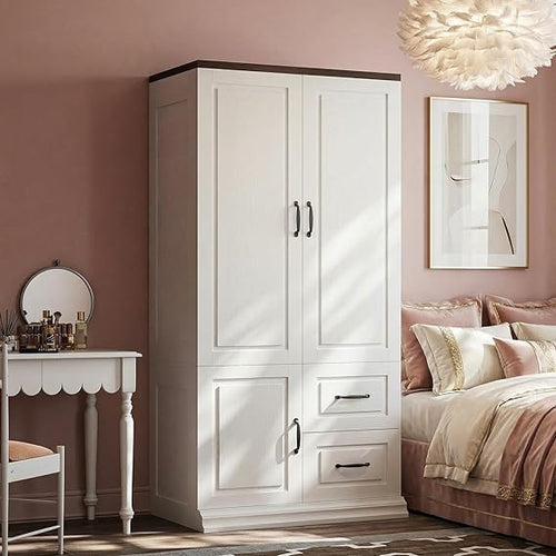 Freestanding Wardrobe Armoire with Drawers, Doors & Hanging Rod