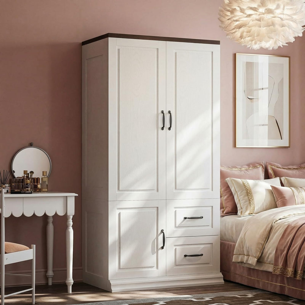 Tall Wardrobe Closet with Drawers & Hanging Rod