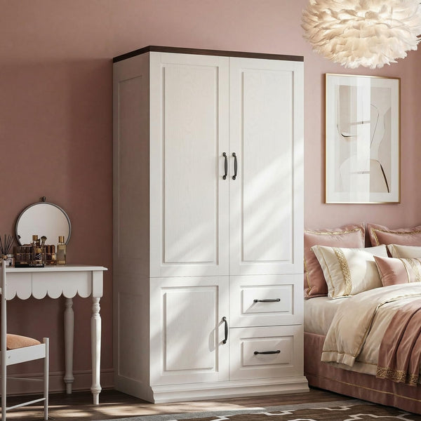 Tall Wardrobe Closet with Drawers & Hanging Rod