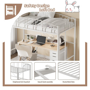 Twin Size Metal Loft Bed with Staircase & Arched Guardrail