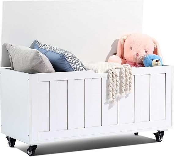 Wooden Storage Bench with Wheels & Safety Hinges