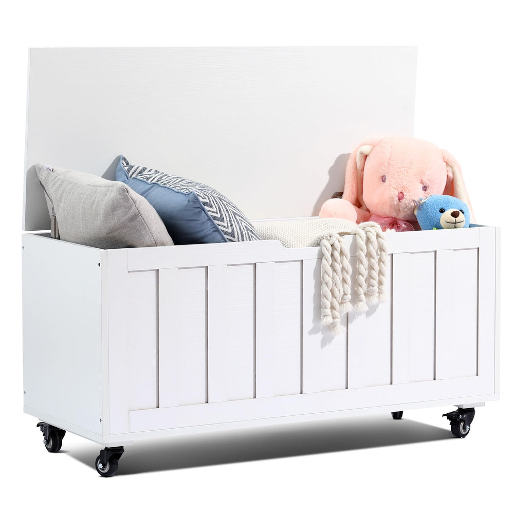 Wooden Storage Bench with Wheels & Safety Hinges – 300 lbs Capacity