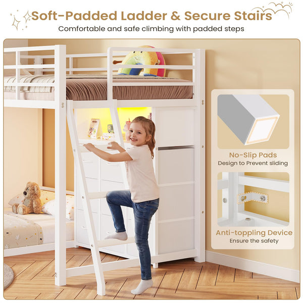 Twin Over Twin L-Shaped Low Bunk Bed with 9 Storage Drawers and LED Lights