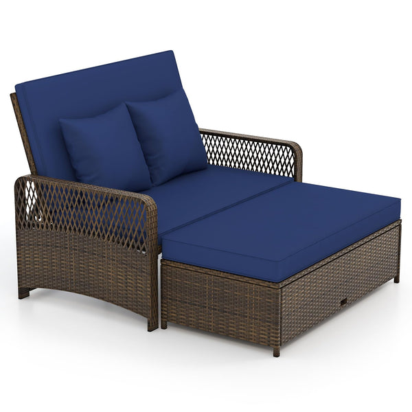 Outdoor Rattan Daybed Loveseat Set with Storage Ottoman & Cushions