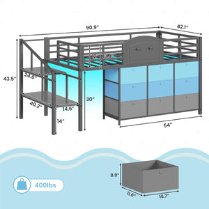Kids Low Loft Bed with Storage Drawers and LED Lights