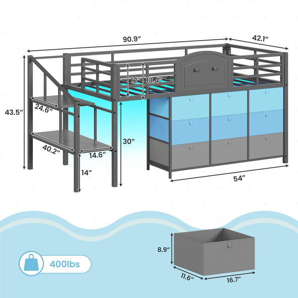 Kids Low Loft Bed with Storage Drawers and LED Lights