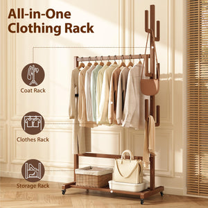 Solid Wood Rolling Clothing Rack with Cactus Hooks