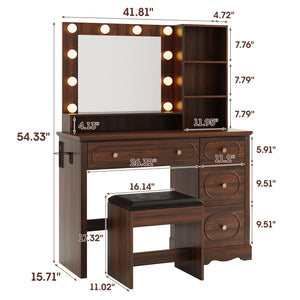 42" Walnut Brown Makeup Vanity Desk with Lighted Mirror & Charging Station