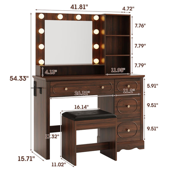 42" Walnut Brown Makeup Vanity Desk with Lighted Mirror & Charging Station