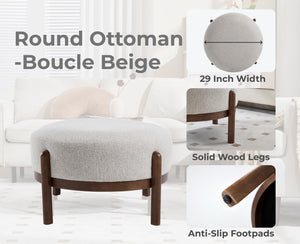 29" Round Ottoman Upholstered Footstool with Wooden Legs