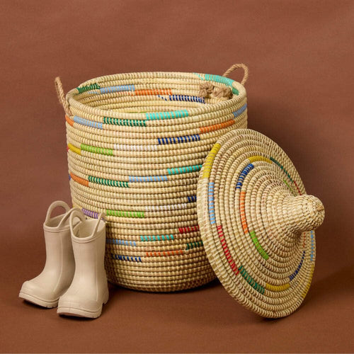 Handwoven Straw Storage Basket with Lid & Rope Handles – Boho Coil Weave