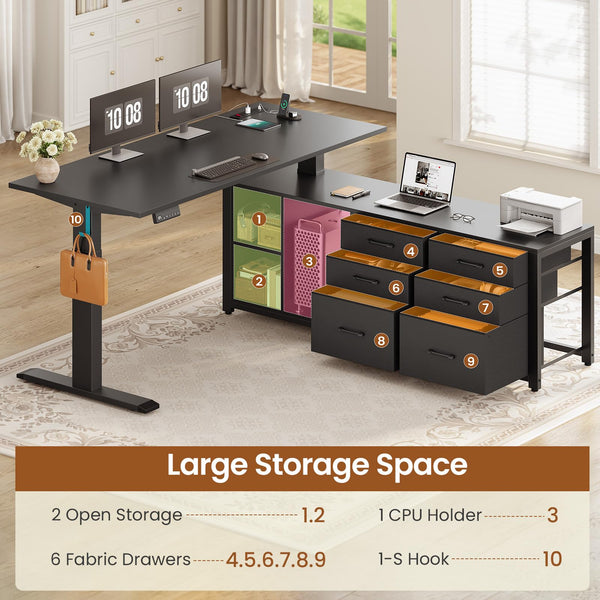 L Shaped Electric Standing Desk with Drawers