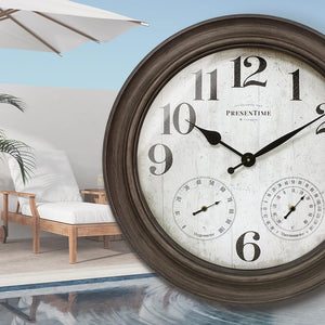 26" Indoor Outdoor Farmhouse Wall Clock with Thermometer & Hygrometer