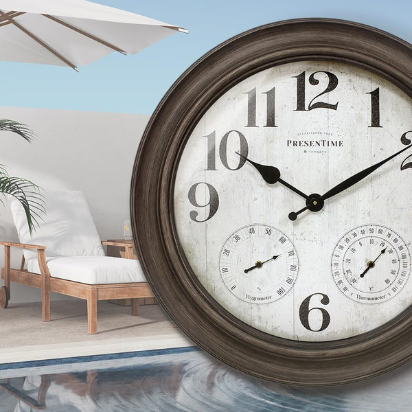 26" Indoor Outdoor Farmhouse Wall Clock with Thermometer & Hygrometer