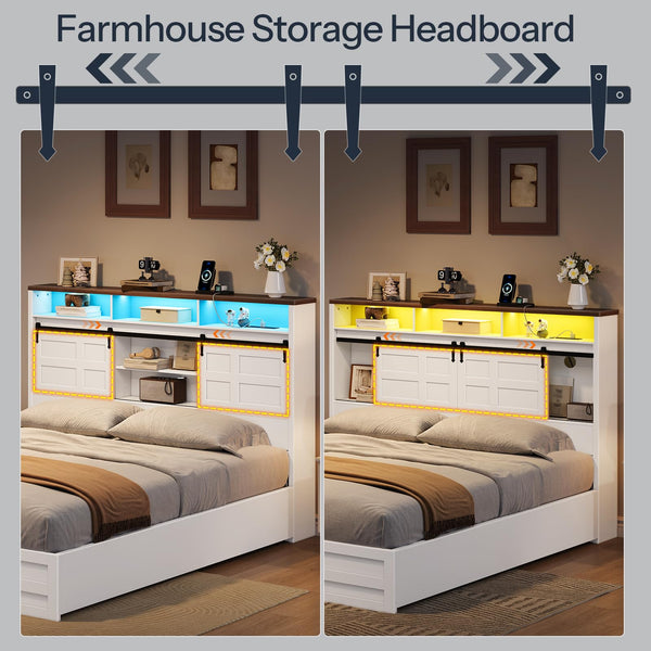 Queen Size Headboard with Storage, LED Lights & Charging Station