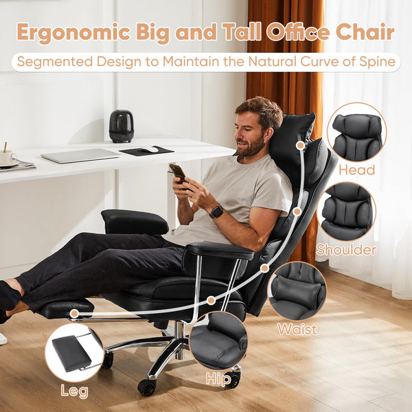 Ergonomic High Back Office Chair with Footrest & Lumbar Support – Reclining PU Leather