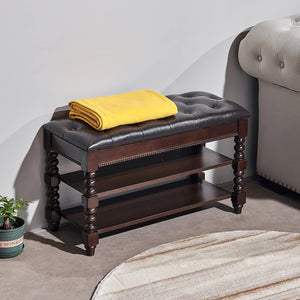 Solid Wood Shoe Storage Bench with Lift-Top Leather Seat, 2-Tier Entryway Organizer