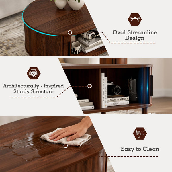Oval Coffee Table with Sliding Door Cabinets