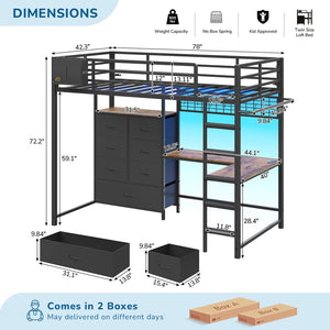 Twin Loft Bed with L-Shaped Desk & Storage Drawers